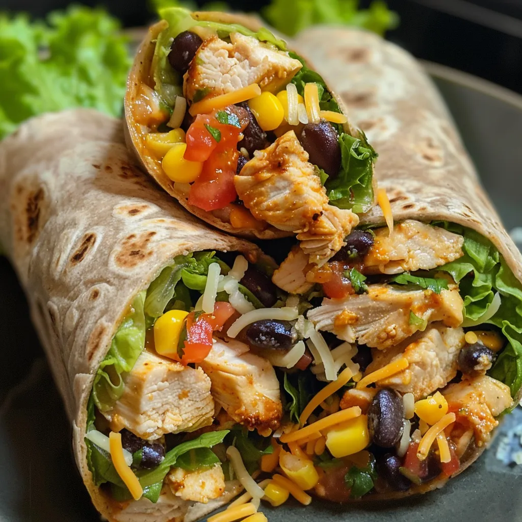 Side view of a delicious Southwest Chicken Wrap filled with cheese and pico de gallo.