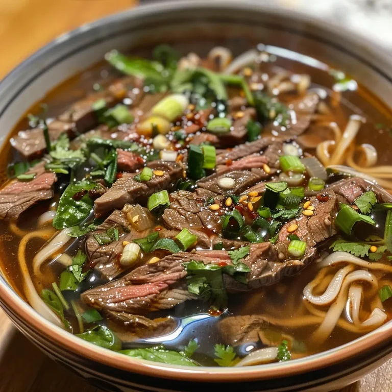 A close-up side view of a steaming bowl of spicy beef noodle soup with vibrant ingredients.