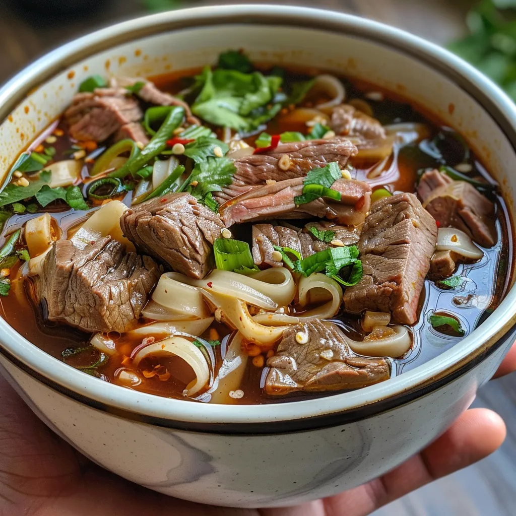 A detailed image of spicy beef noodle soup featuring thinly sliced beef, noodles, and green bok choy.