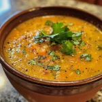 Close-up view of a vibrant bowl of Spicy Carrot and Red Lentil Soup garnished with fresh herbs.