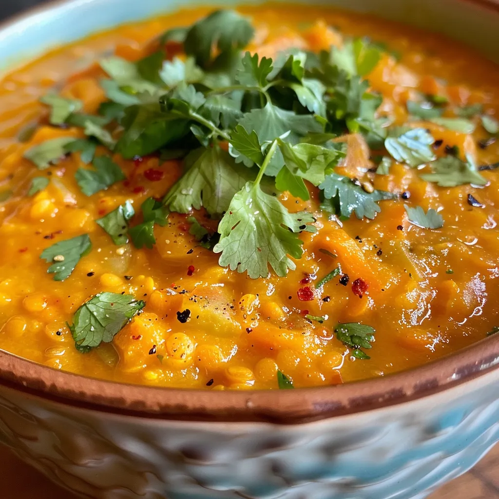 Side view of a steaming bowl of orange soup with visible carrot pieces and lentils.