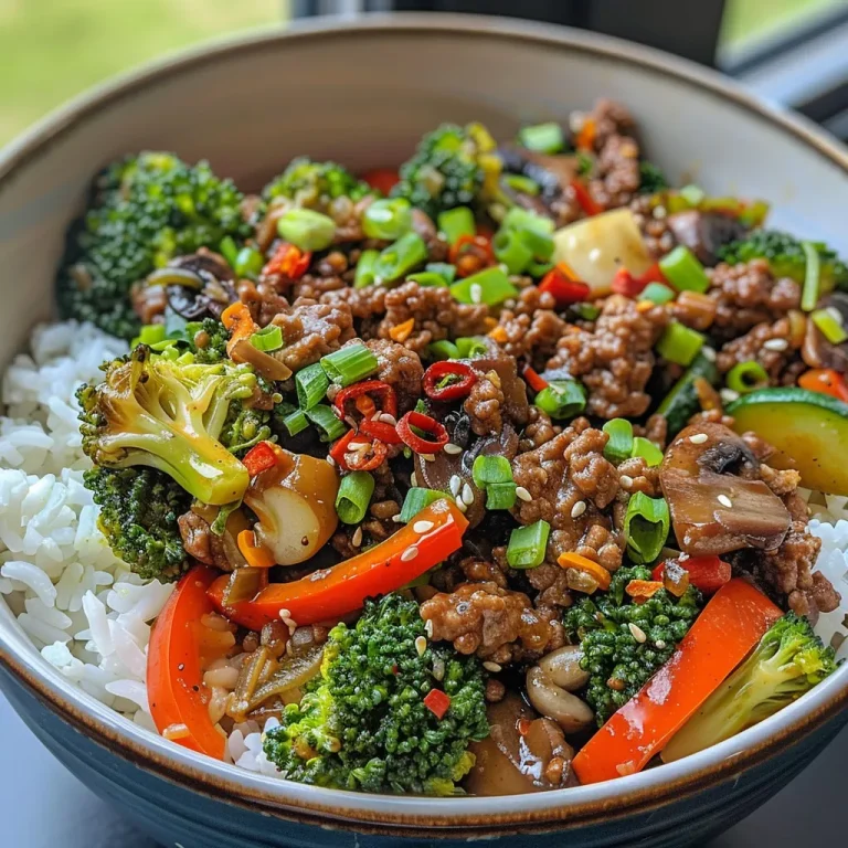 Sizzle and Spice Transform Your Dinner with a Flavor-Packed Stir-Fry Bowl! Close-up view of a colorful Spicy Ground Beef Stir-Fry Bowl, highlighting garlic-infused veggies and garnished with fresh herbs.