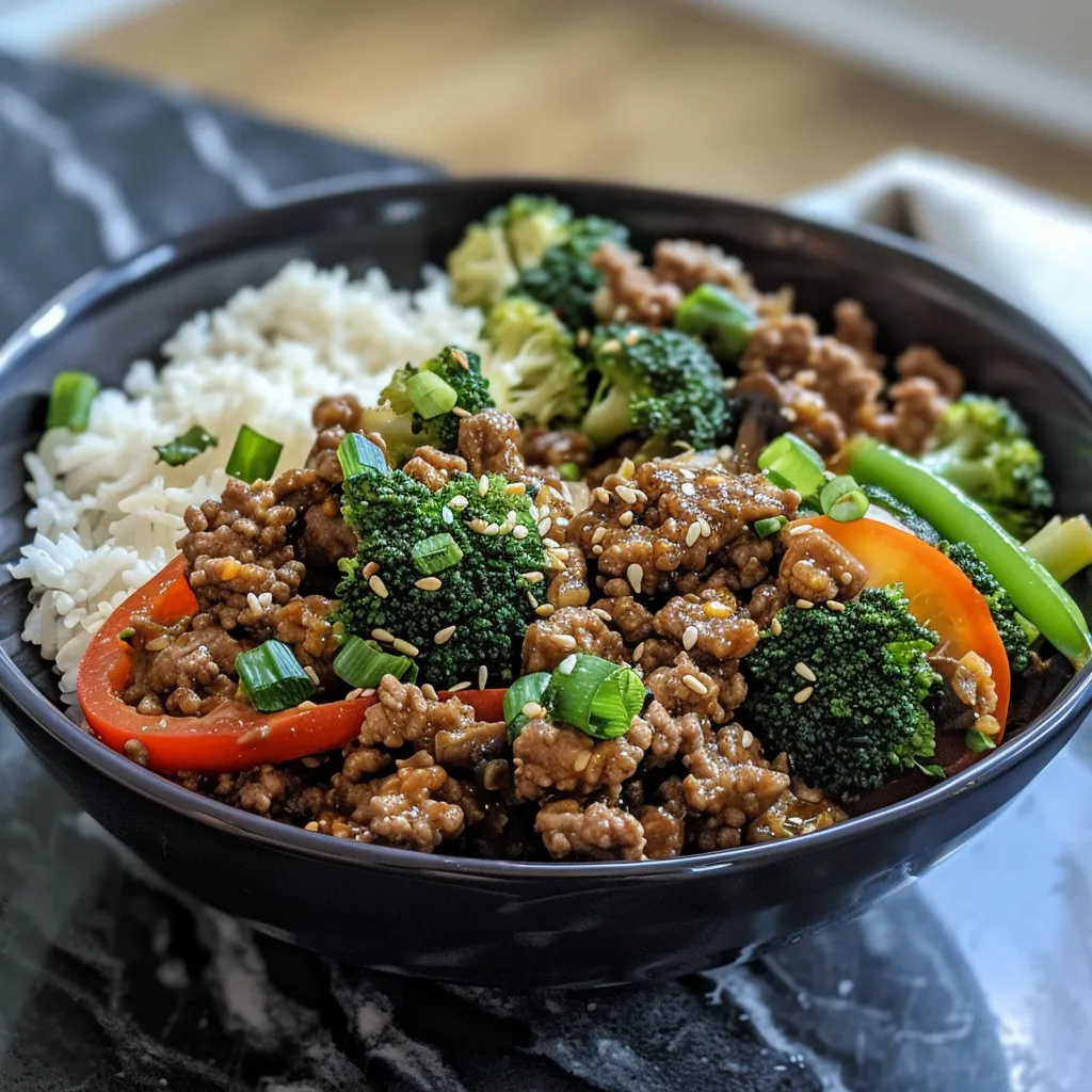 A vibrant Spicy Ground Beef Stir-Fry Bowl filled with ground beef, broccoli, bell peppers, and zucchini, served over white rice.