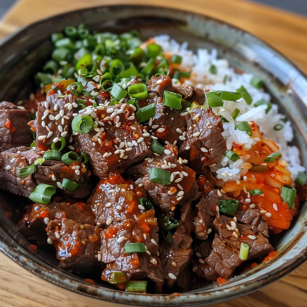 Juicy spicy Korean beef served in a bowl, showcasing vibrant colors and fresh ingredients.