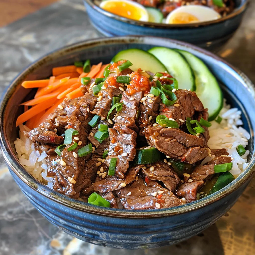 A vibrant bowl showcasing juicy spicy Korean bulgogi beef, garnished with sliced green onions and sesame seeds.