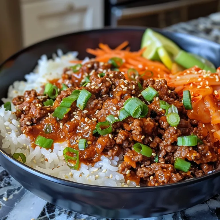 Kick Up Your Dinner Game with Spicy Korean Ground Beef and Refreshing Kimchi Slaw! Close-up of spicy Korean ground beef topped with kimchi slaw, colorful vegetables, and garnishes.