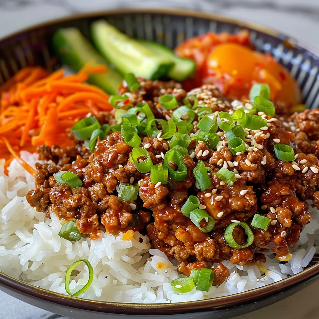 Side view of a bowl filled with vibrant spicy Korean ground beef and fresh kimchi slaw.