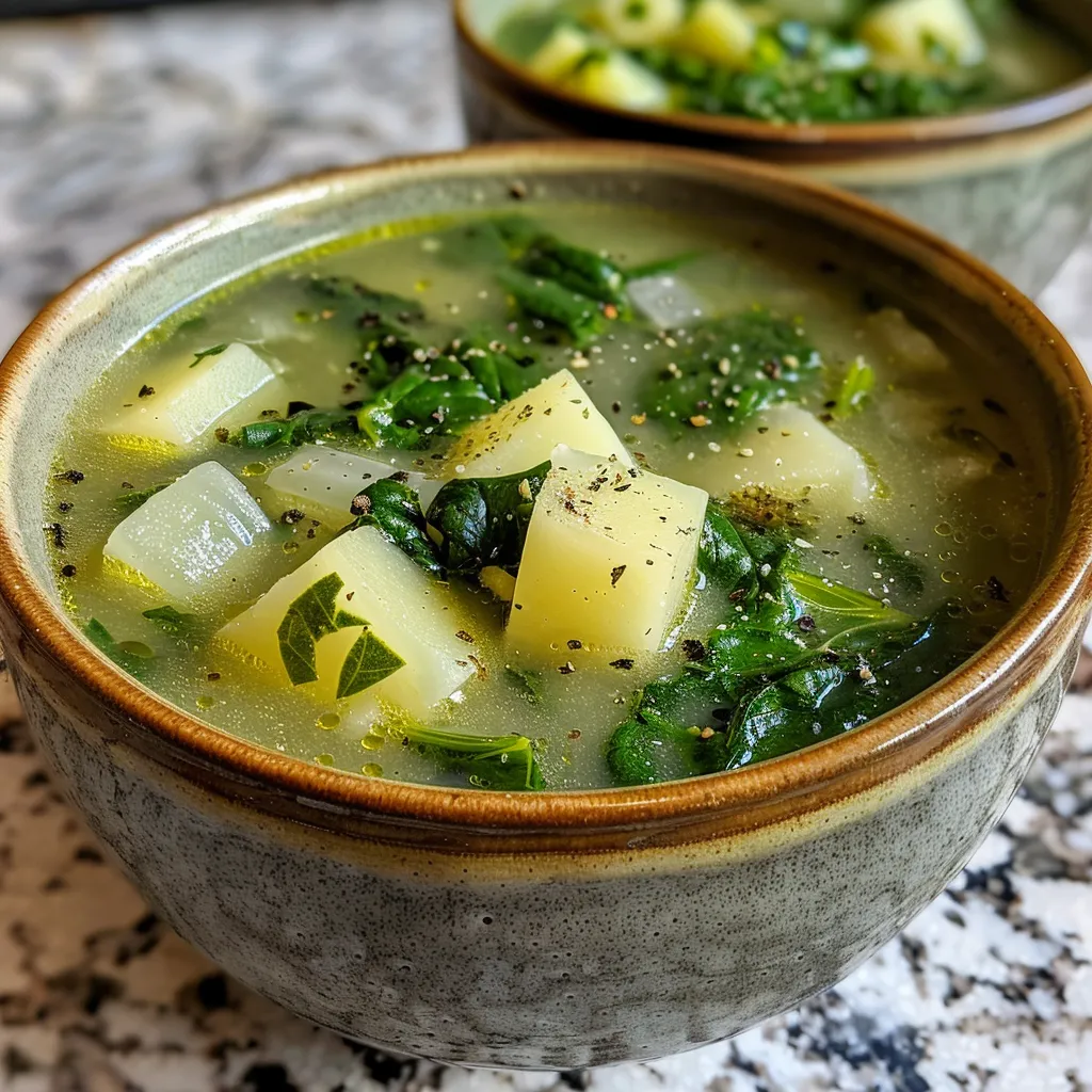 Side view of a rich spinach soup with a lush green color, served with croutons.