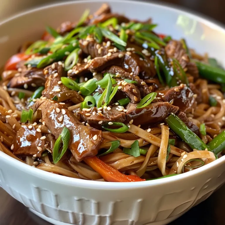 Close-up view of sticky beef noodles with colorful vegetables.