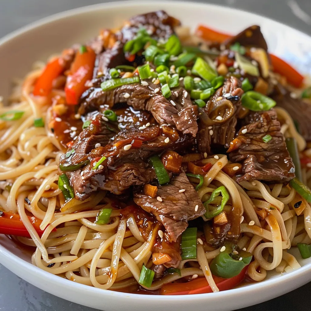 Side view of juicy sticky beef noodles garnished with sesame seeds.