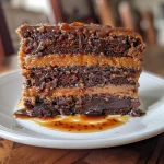 Side view of a layered Sticky Toffee Pudding cake with rich caramel drizzle.