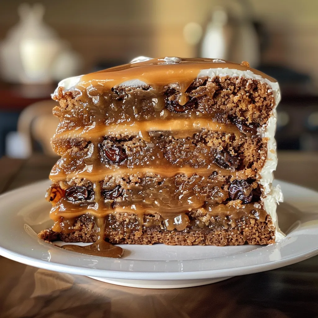 Close-up of a decadent Sticky Toffee Pudding Layer Cake, showing its moist layers.