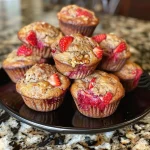 Close-up view of a golden-brown strawberry banana bread muffin with a moist texture.