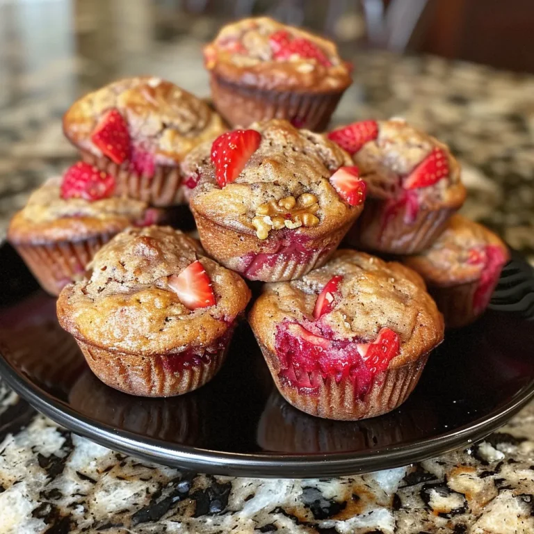 Close-up view of a golden-brown strawberry banana bread muffin with a moist texture.