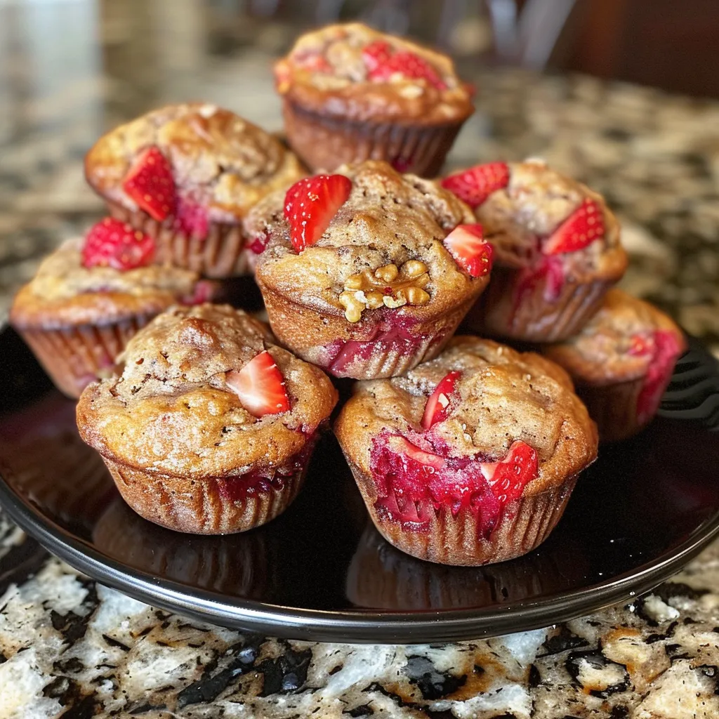 Close-up view of a golden-brown strawberry banana bread muffin with a moist texture.