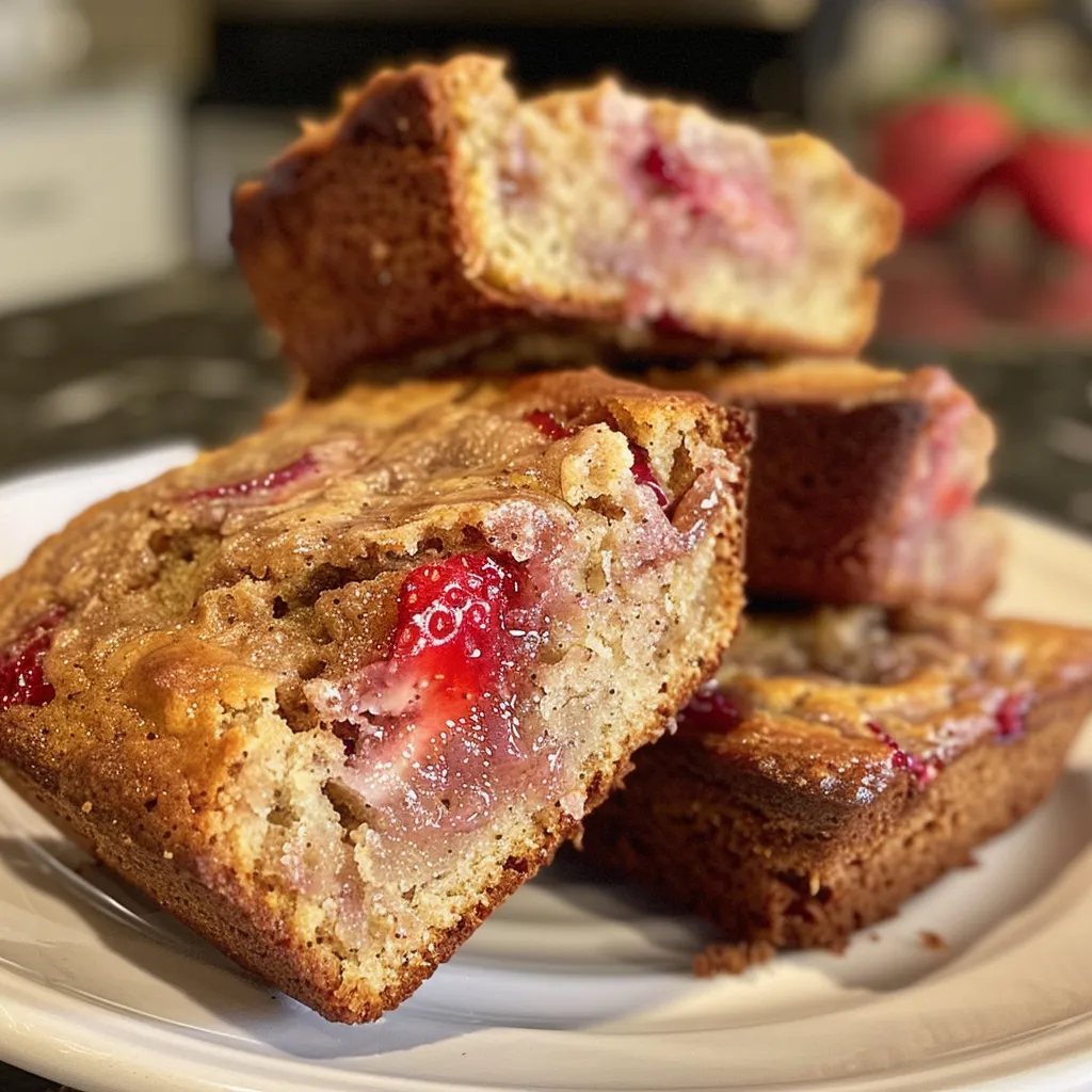 A side view of deliciously baked strawberry banana muffins with visible strawberry chunks.