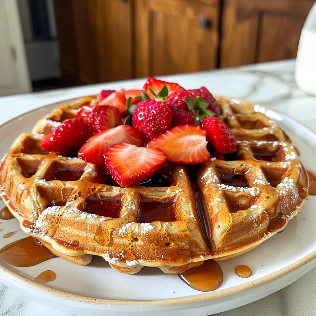 Close-up of a golden waffle topped with fresh strawberries and a drizzle of honey.
