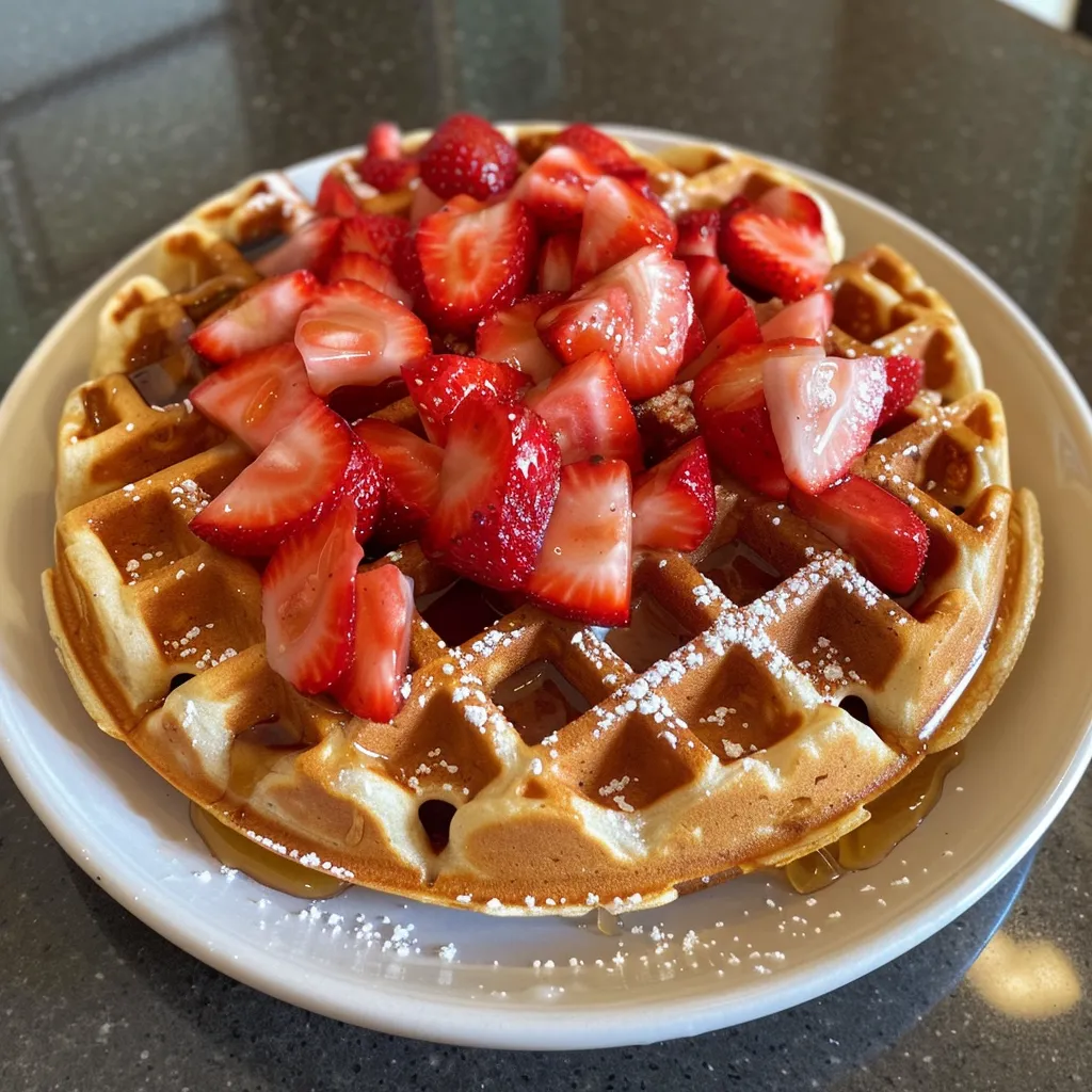 Side view of a delicious strawberry waffle with chunks of fresh fruit on top.