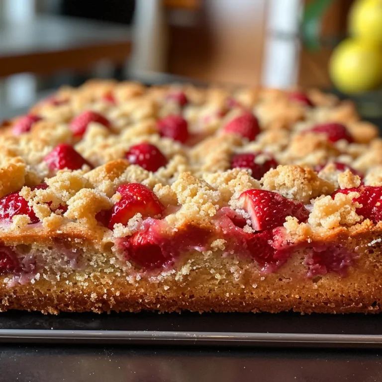 Close-up view of a slice of Strawberry Crumb Cake showcasing fresh strawberries and a crumb topping.