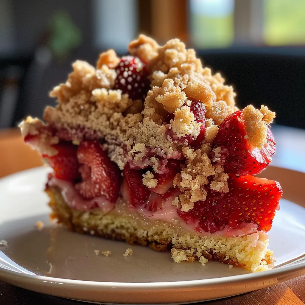Side profile of a juicy Strawberry Crumb Cake with a golden crumb layer and vibrant strawberries.