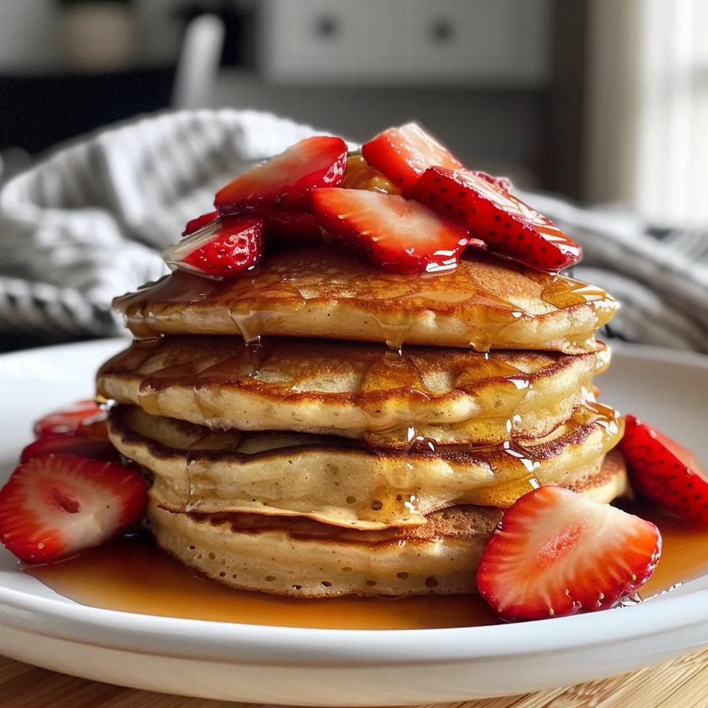 Side view of delicious Strawberry Greek Yogurt Pancakes garnished with fresh strawberries.