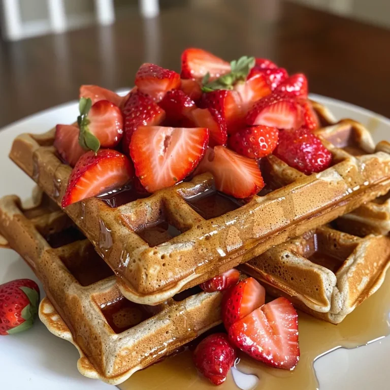Close-up of golden-brown strawberry oat waffles topped with fresh strawberries.