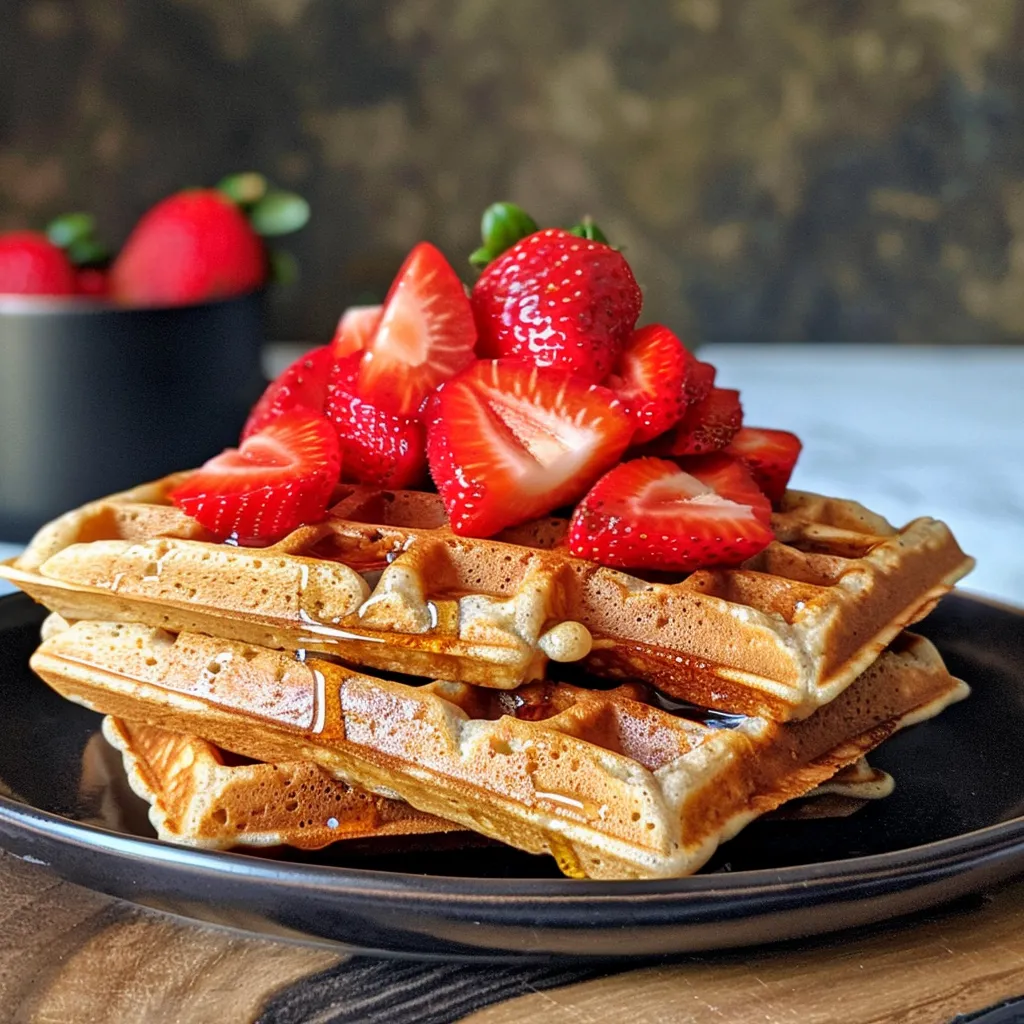 Side view of a stack of strawberry oat waffles with syrup and sliced strawberries.