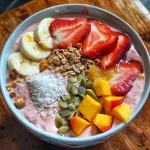 A vibrant smoothie bowl filled with blended strawberries, peaches, and mangoes, topped with fresh fruit and granola.
