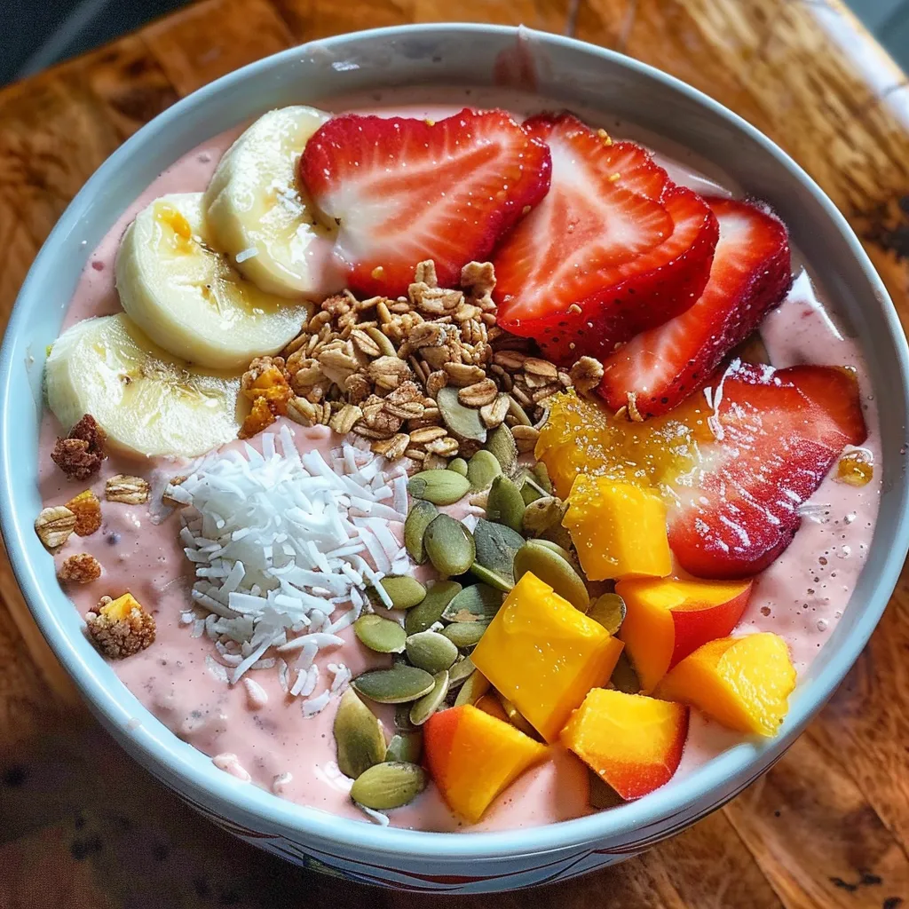 A vibrant smoothie bowl filled with blended strawberries, peaches, and mangoes, topped with fresh fruit and granola.