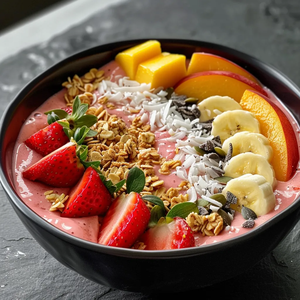 Close up view of a colorful smoothie bowl garnished with sliced peach, mango, strawberries, coconut, and pumpkin seeds.