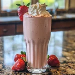 Close-up view of a vibrant strawberry protein shake in a glass.
