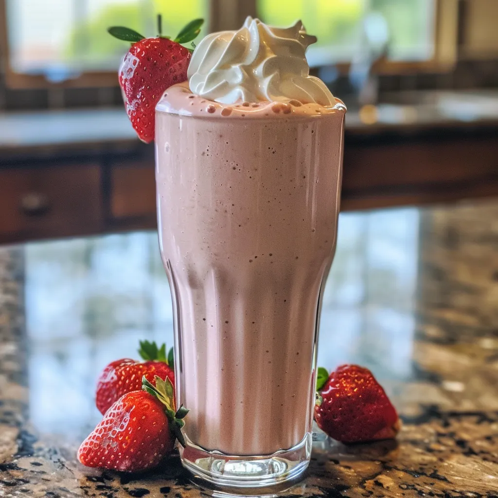Close-up view of a vibrant strawberry protein shake in a glass.