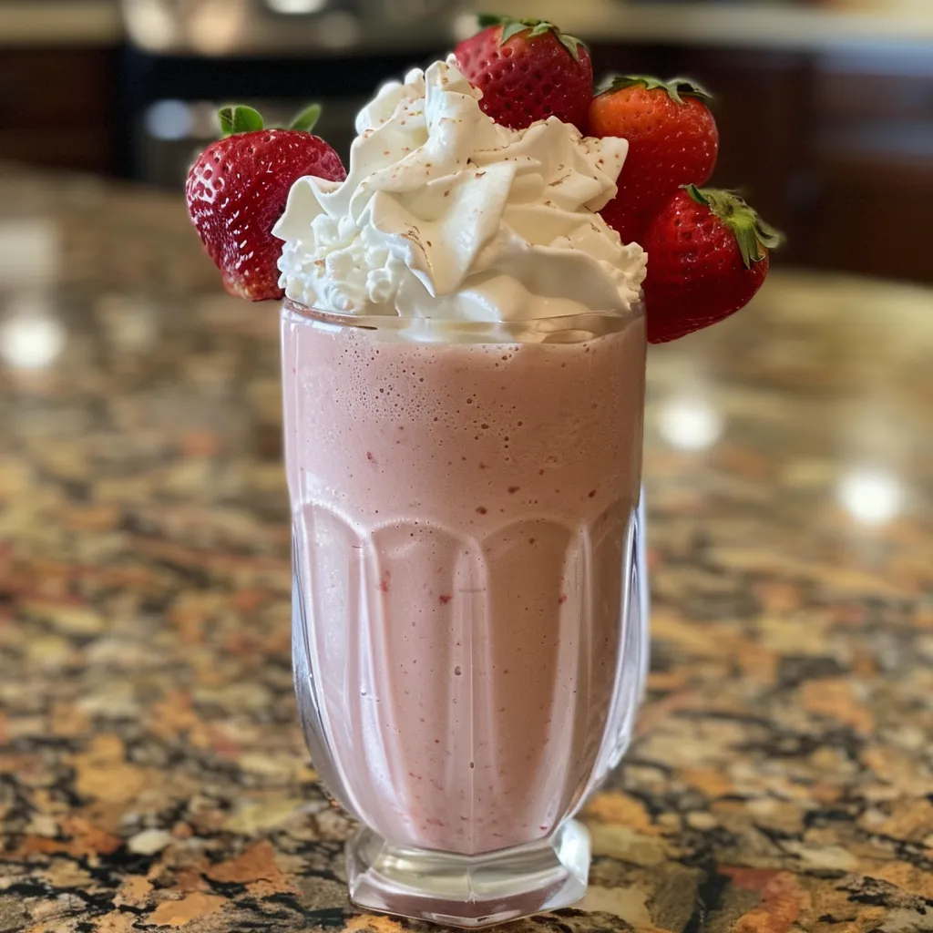 Side angle of a creamy strawberry protein shake topped with whipped cream.