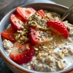 Close-up side view of Strawberry Sunrise Overnight Oats with fresh strawberries on top.