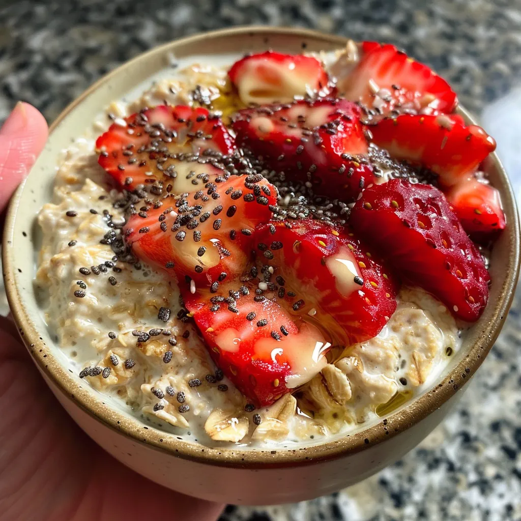 Creamy overnight oats layered with strawberries in a glass jar, displayed on a wooden surface.
