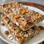 Close-up view of homemade superfood granola bars with visible nuts and seeds.