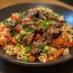 Close-up of juicy Teriyaki Beef Noodles garnished with sesame seeds and spring onions.