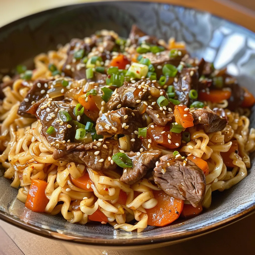 Side view of a bowl filled with Teriyaki Beef Noodles, showcasing colorful vegetables and tender beef strips.