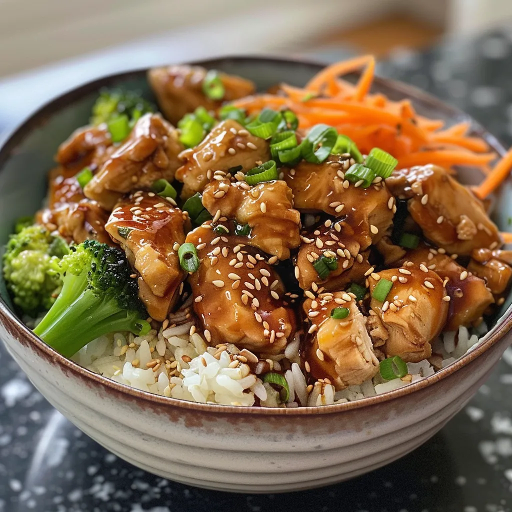 Close-up of a Teriyaki Chicken Rice Bowl with glazed chicken, vibrant vegetables, and rice.