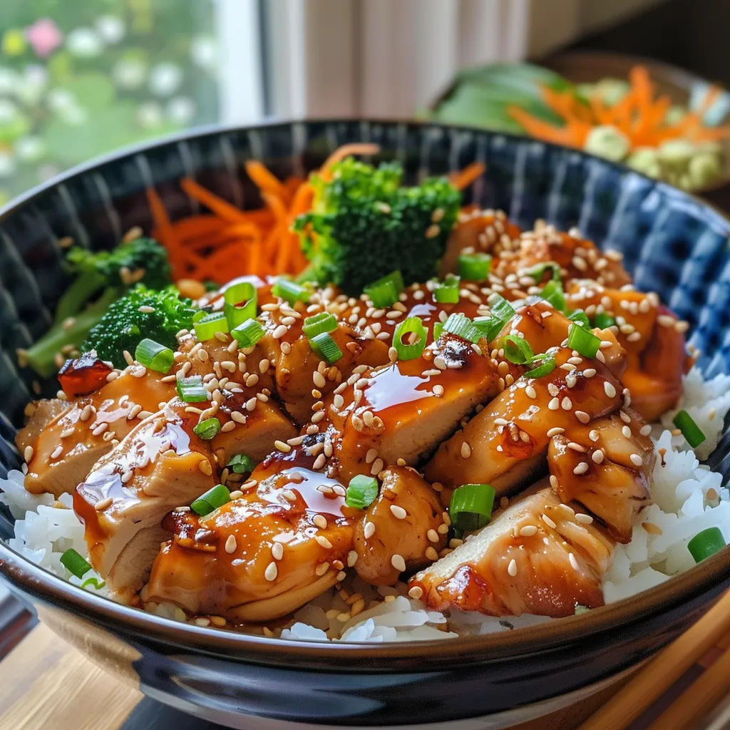 Side view of a Teriyaki Chicken Rice Bowl featuring juicy chicken, garnished with sesame seeds and green onions.