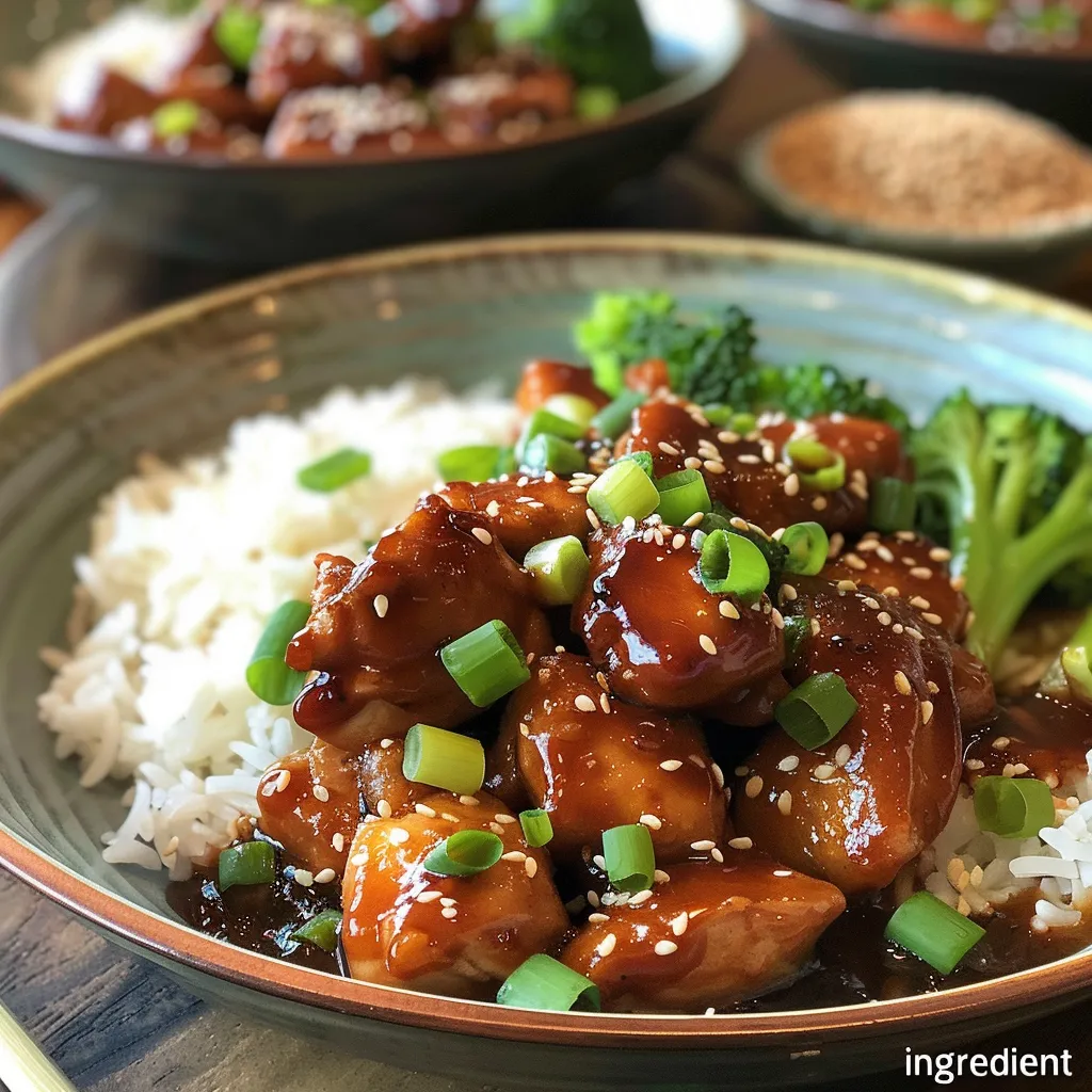 Close-up view of Teriyaki Chicken showcasing tender bites coated in a rich, glossy sauce, garnished with sesame seeds.