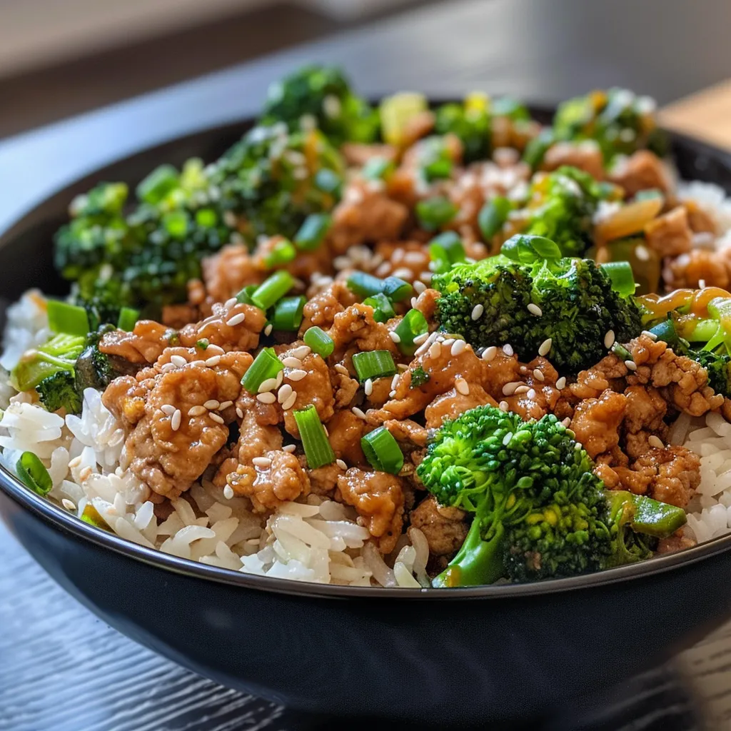 Side view of a juicy Teriyaki Turkey Rice Bowl with steamed broccoli and fluffy rice.