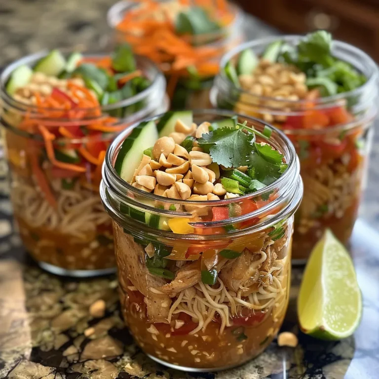 Close-up view of a jar filled with Thai peanut chicken noodles, colorful vegetables, and garnished with cilantro.