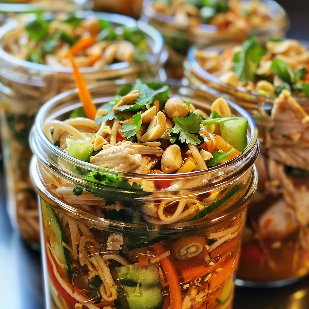 Side view of a jar showcasing layers of rice noodles, chicken, and vibrant veggies topped with peanuts.