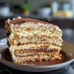 A close-up side view of a Tiramisu Crunch Cake showcasing its layered texture and creamy frosting.