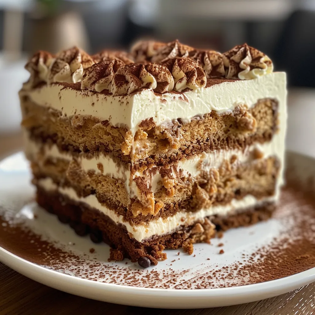 A delectable slice of Tiramisu Crunch Cake with visible layers of cake, cream, and cocoa powder on top.