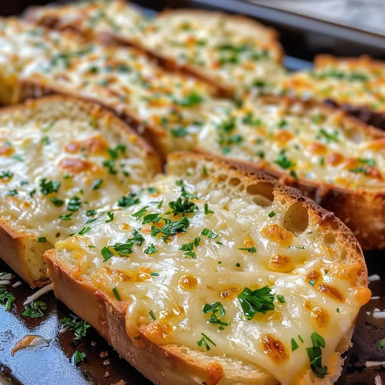 Close-up of toasted cheesy garlic bread slices topped with melted cheese and herbs.
