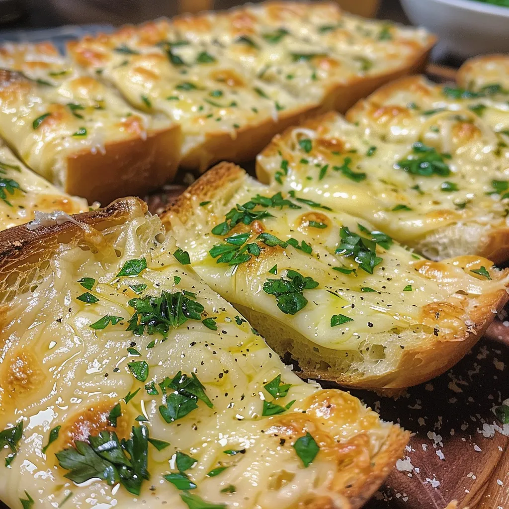 Side view of golden-brown garlic bread slices, garnished with parsley and bubbling cheese.