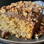 Close-up side view of a luscious Toffee Crunch Cake with crunchy toffee bits on top.