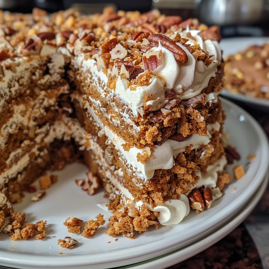 A delectable slice of Toffee Crunch Cake showing its moist layers and toffee topping.